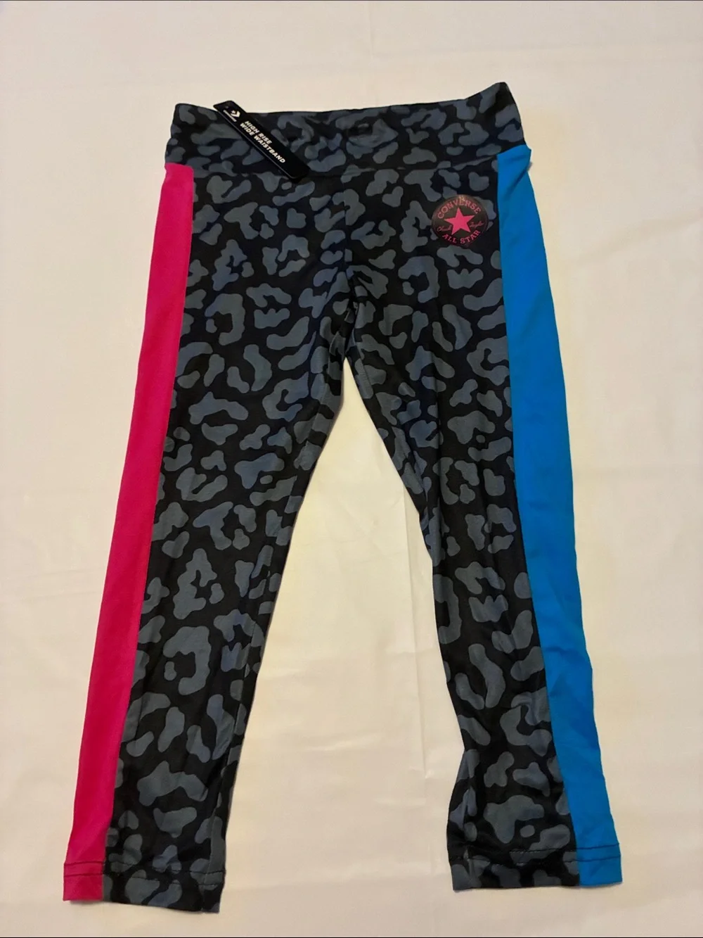 Converse Girls' Black & Gray Leopard Leggings with Pink and Blue Side Stripes